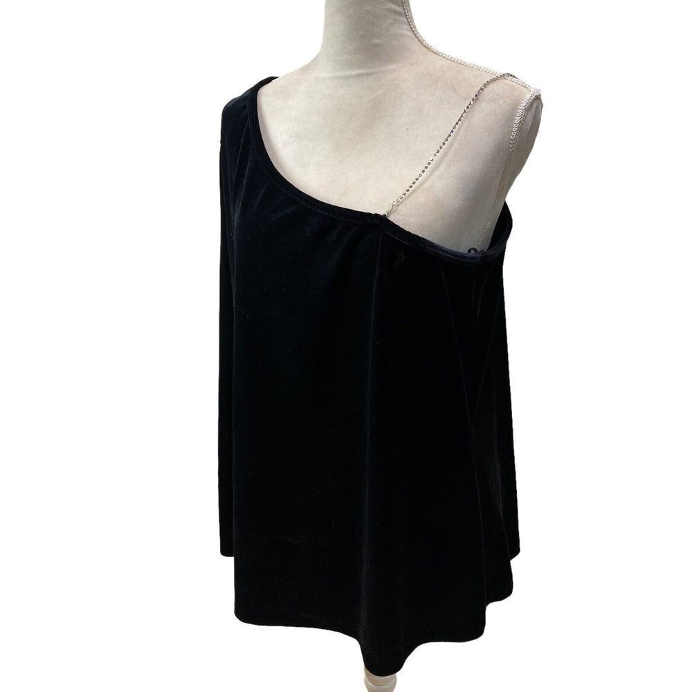 Venezia 18/20 XXL Women's Black Velvet Party Top Shirt one Sleeve Rhinestone USA - Picture 3 of 13